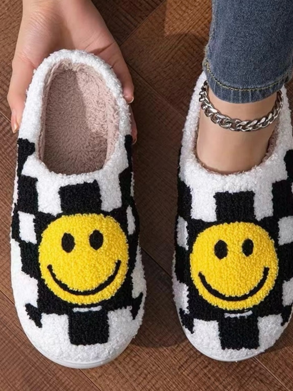 Cozy Smiley Face Checkered Plush Slippers